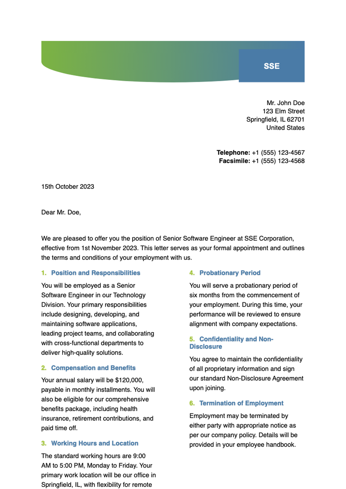 Formal corporate appointment letter from SSE Plc to Richard Gillingwater for Chairman role dated_variant_3
